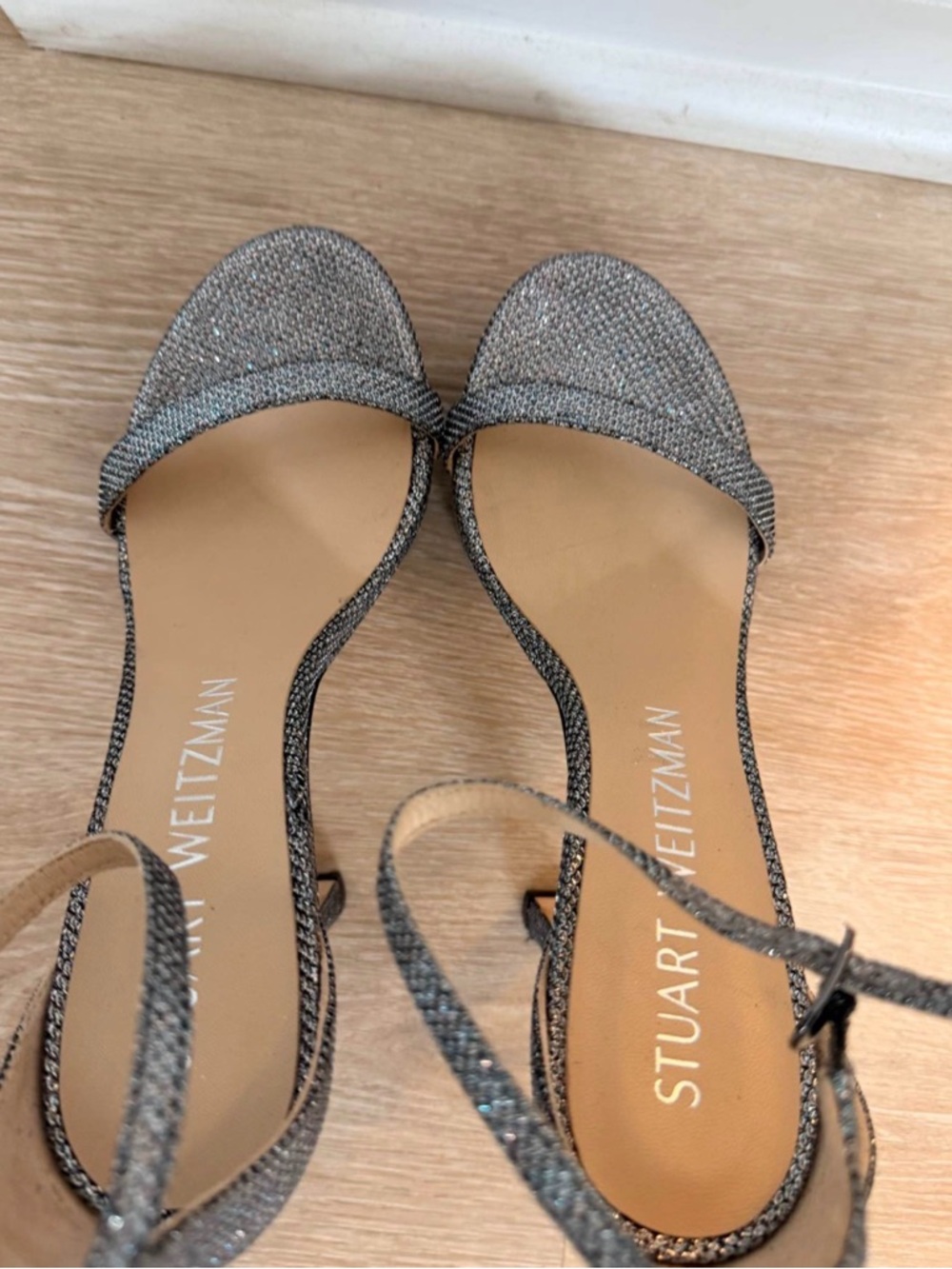 Stuart Weitzman Nudist curve Hollywood Silver Glitter Platform Ankle-Strap Heel - Picture 5 of 7